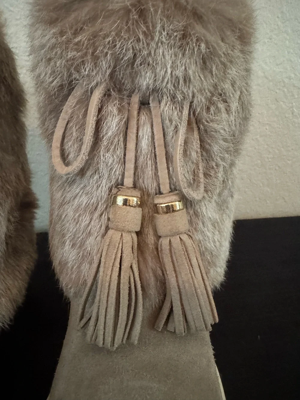 Tory Burch Taupe Faux Fur Tassel Ankle Booties